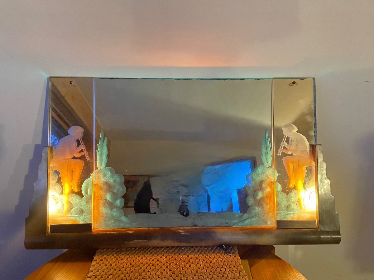 Illuminated Art-deco Mirror Decorated With Flute Players, Circa 1940.-photo-4