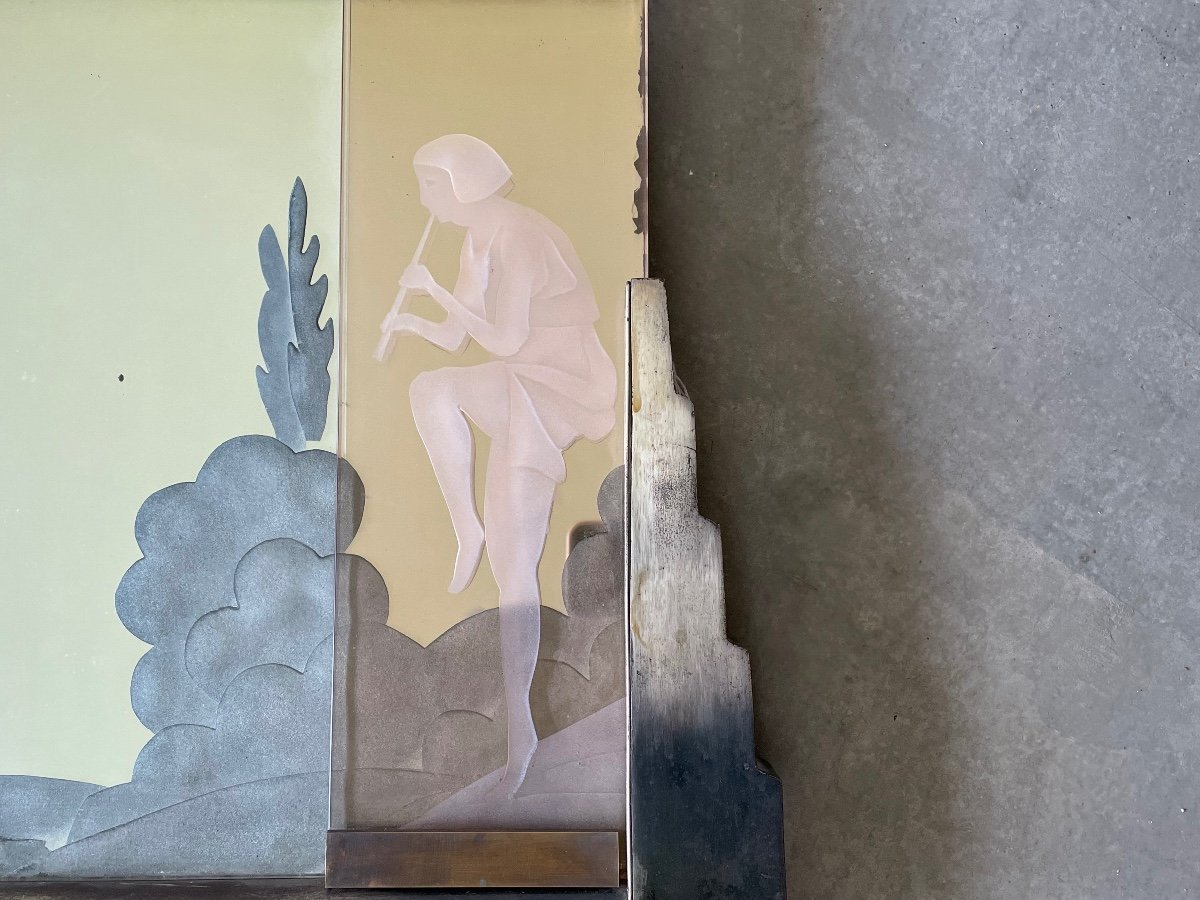 Illuminated Art-deco Mirror Decorated With Flute Players, Circa 1940.-photo-4