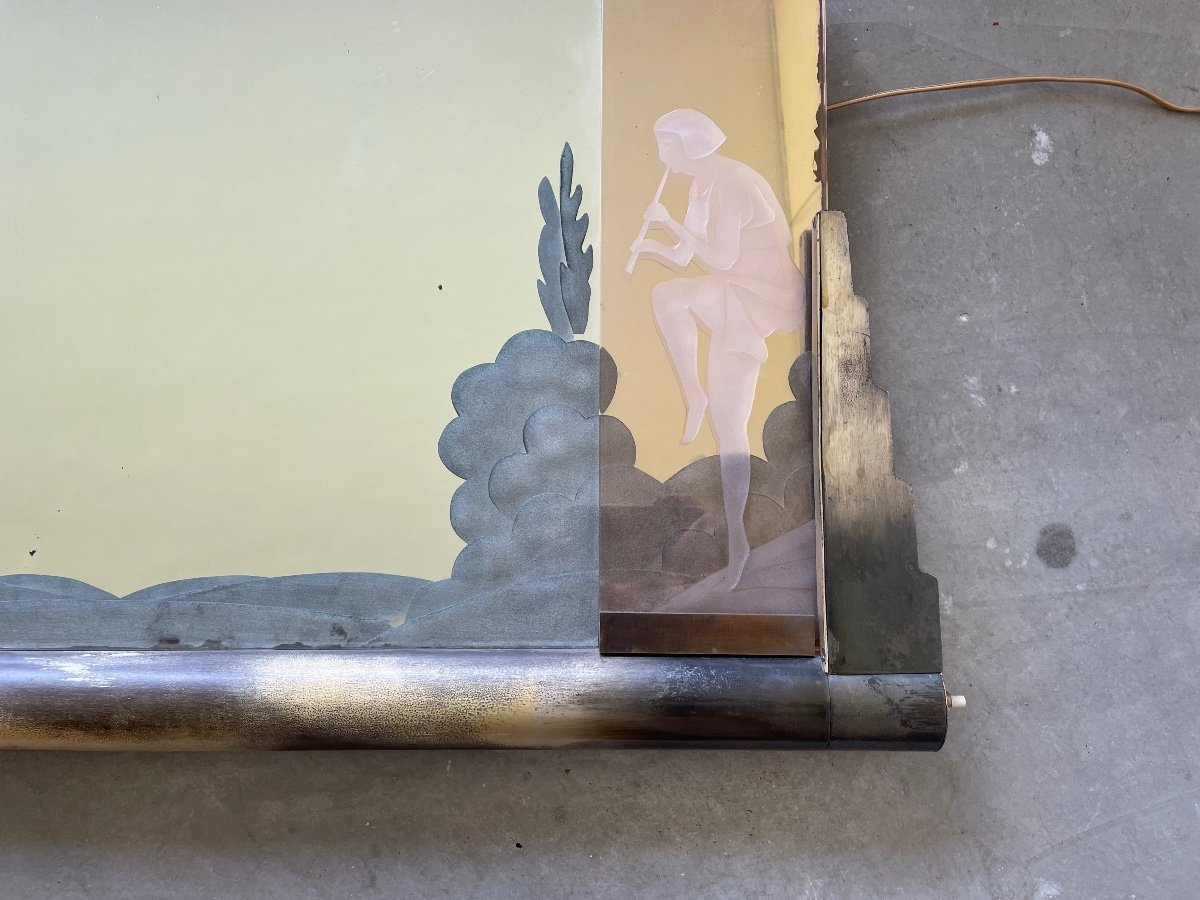 Illuminated Art-deco Mirror Decorated With Flute Players, Circa 1940.-photo-8