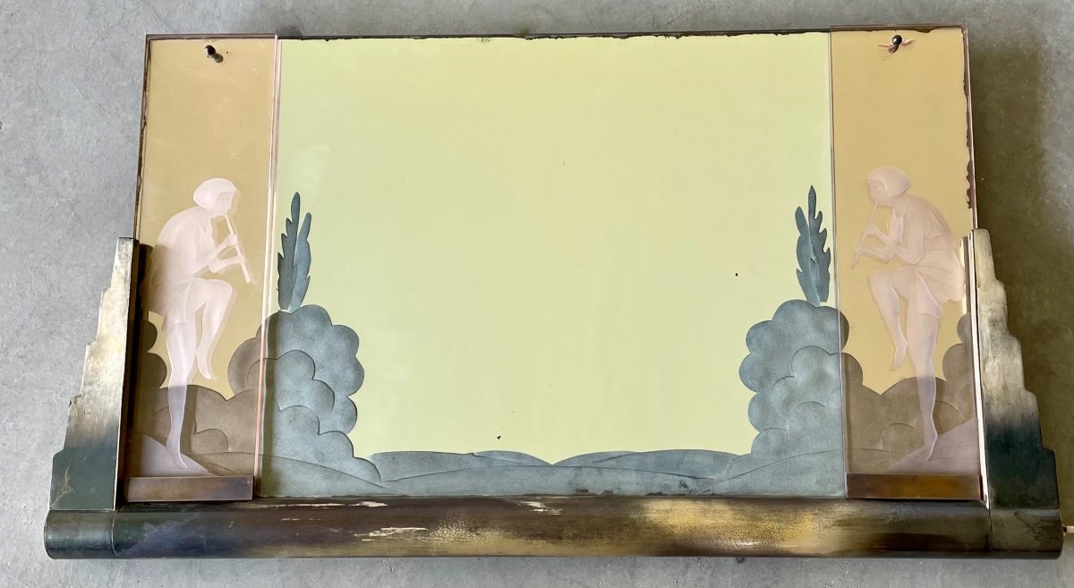 Illuminated Art-deco Mirror Decorated With Flute Players, Circa 1940.