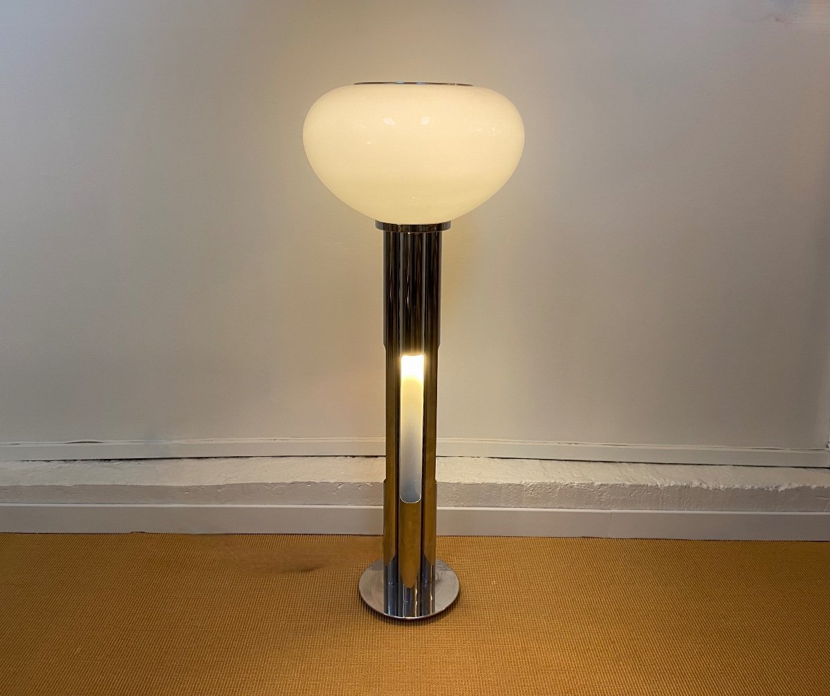 Italian Floor Lamp In Murano Glass And Chrome Produced By Mazzega In The 70s.