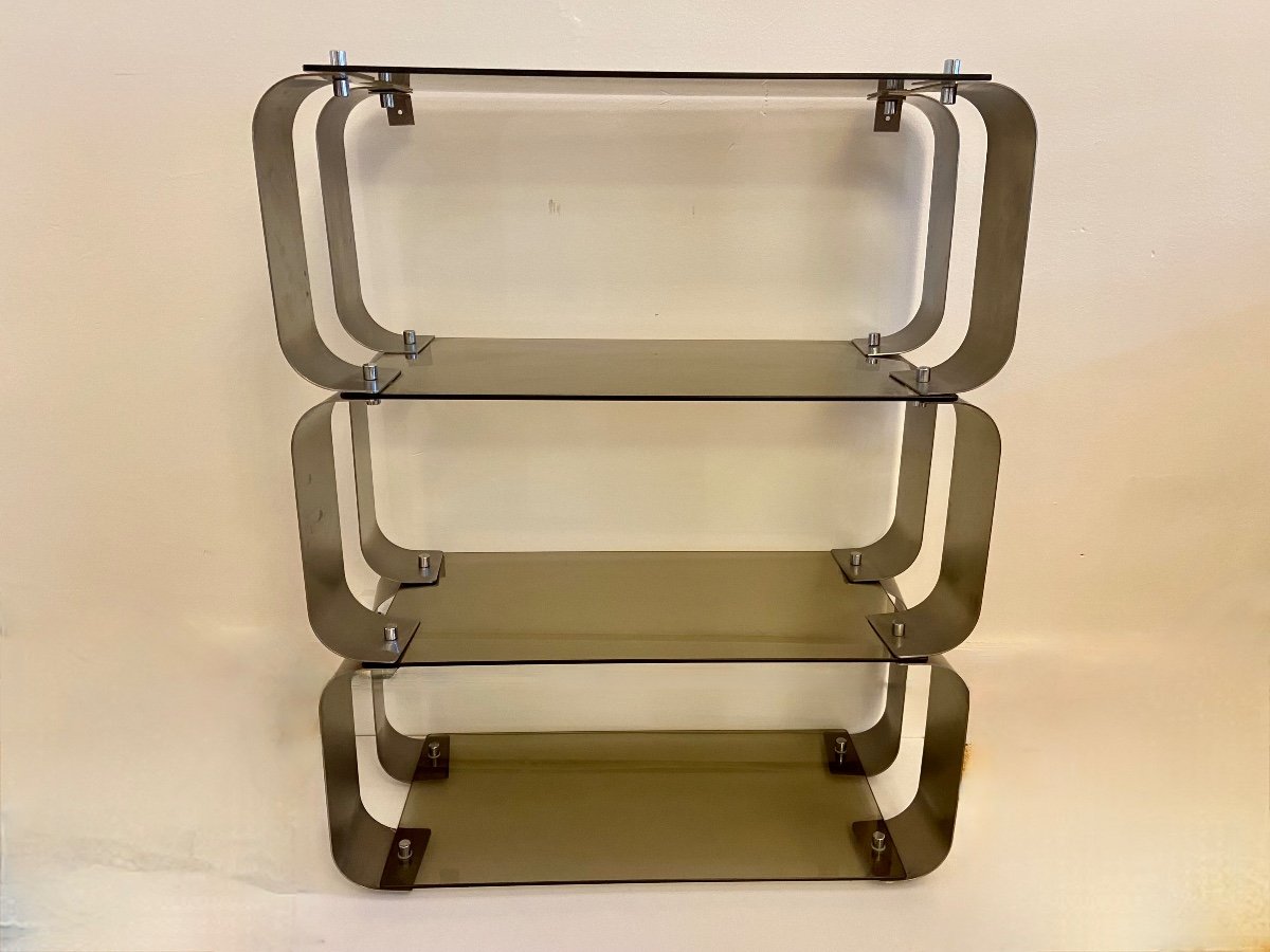 Smoked Glass And Frosted Steel Wall Shelves By Donald Singer, 1970.