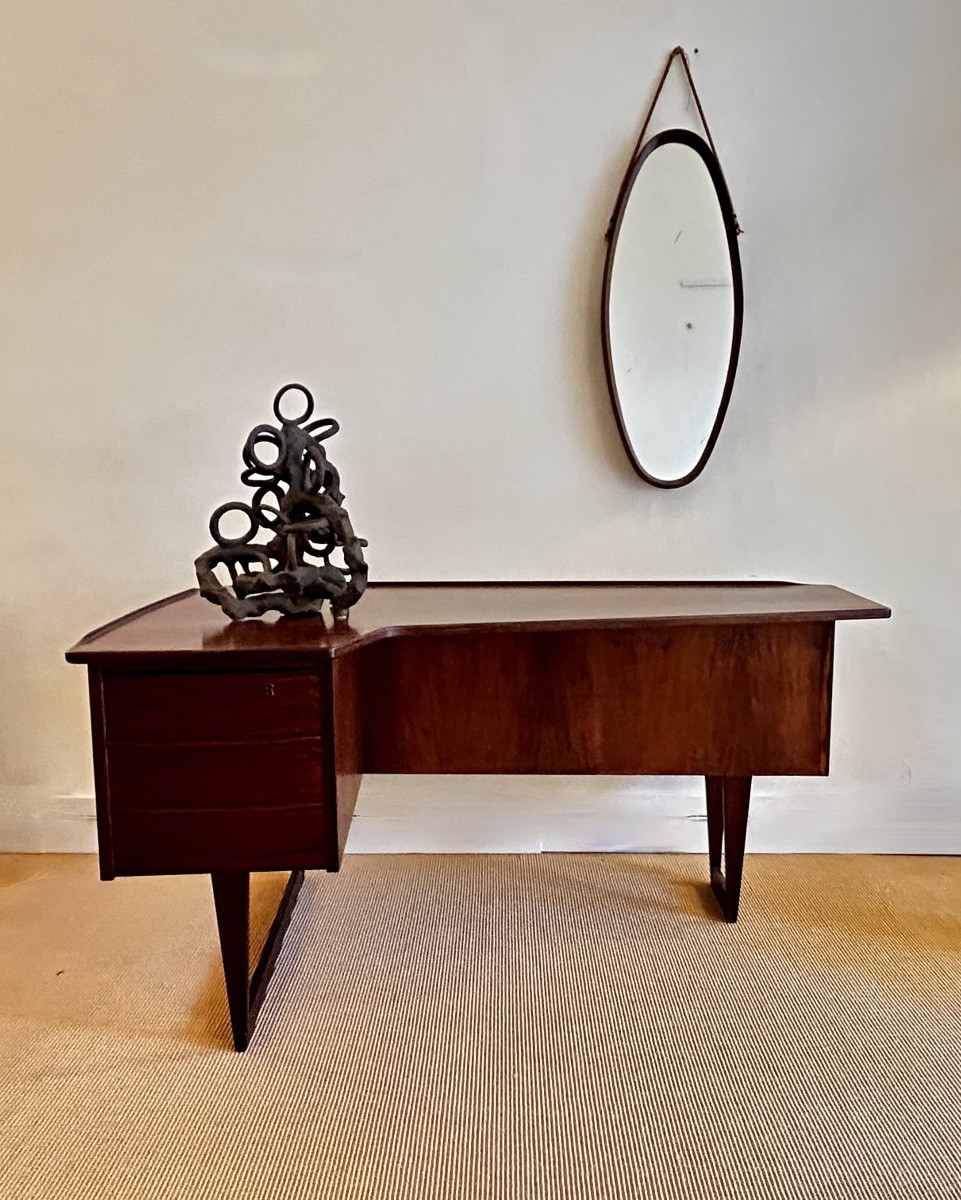 Miroir ovale en teck, Italie, années 1960.-photo-3