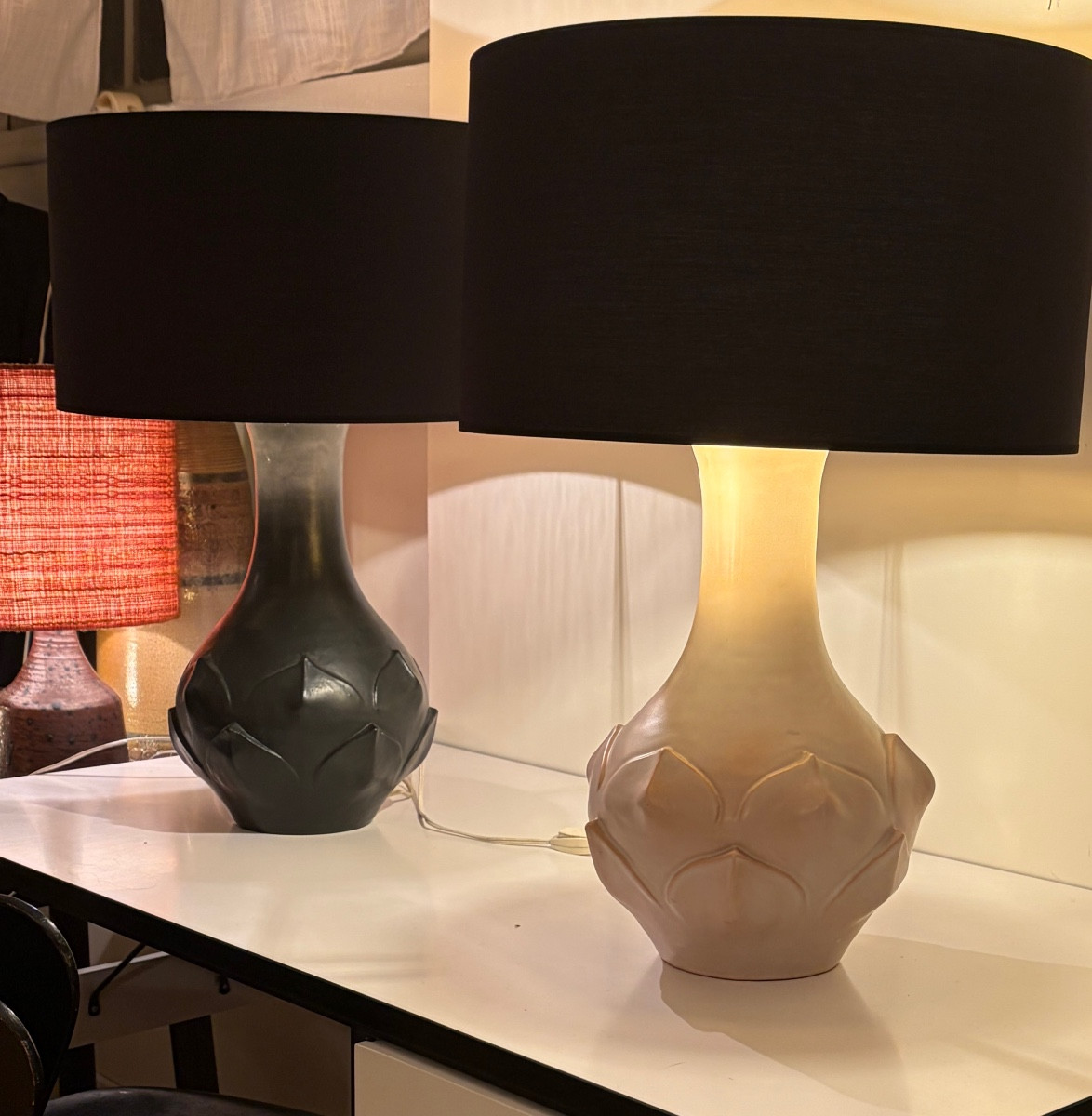 Pair Of Black And White Ceramic Lamps.