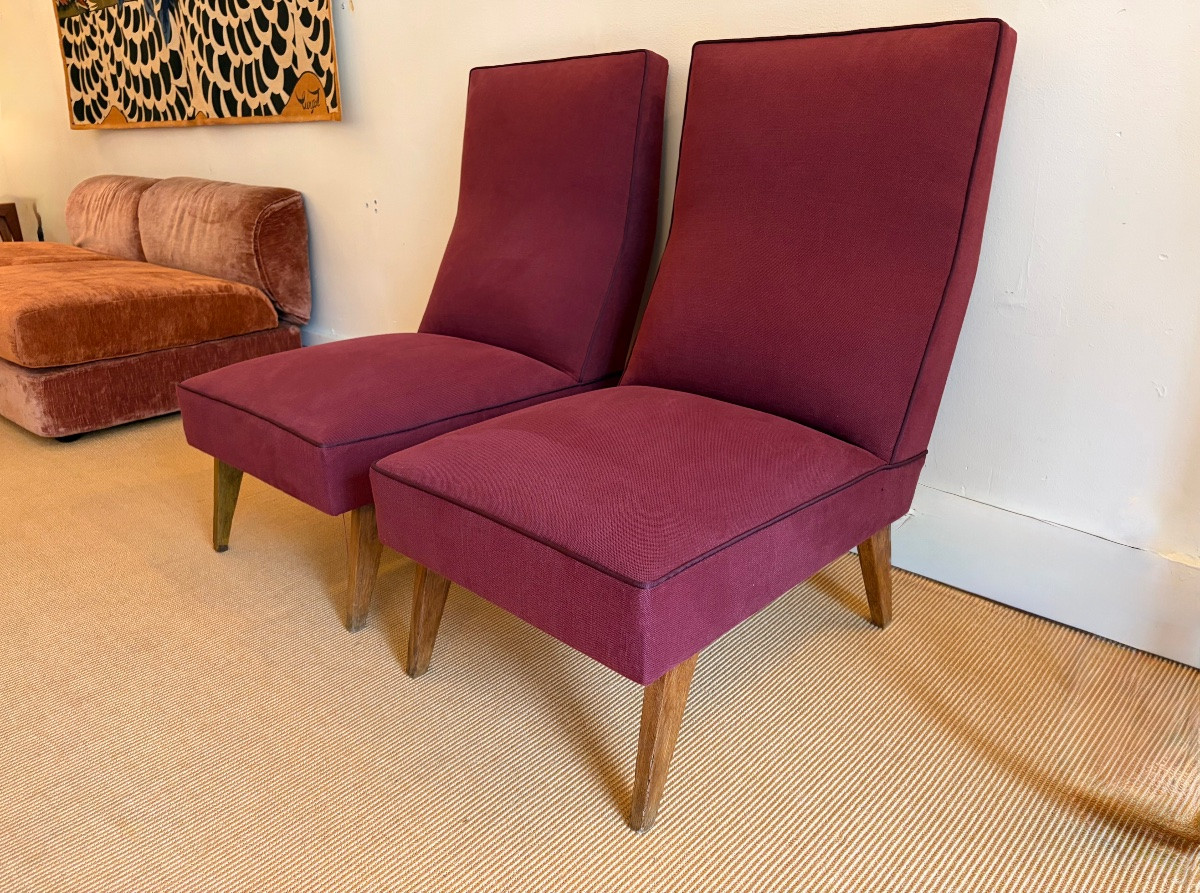 Pair Of 1950s Bordeaux Fabric Armchairs-photo-3