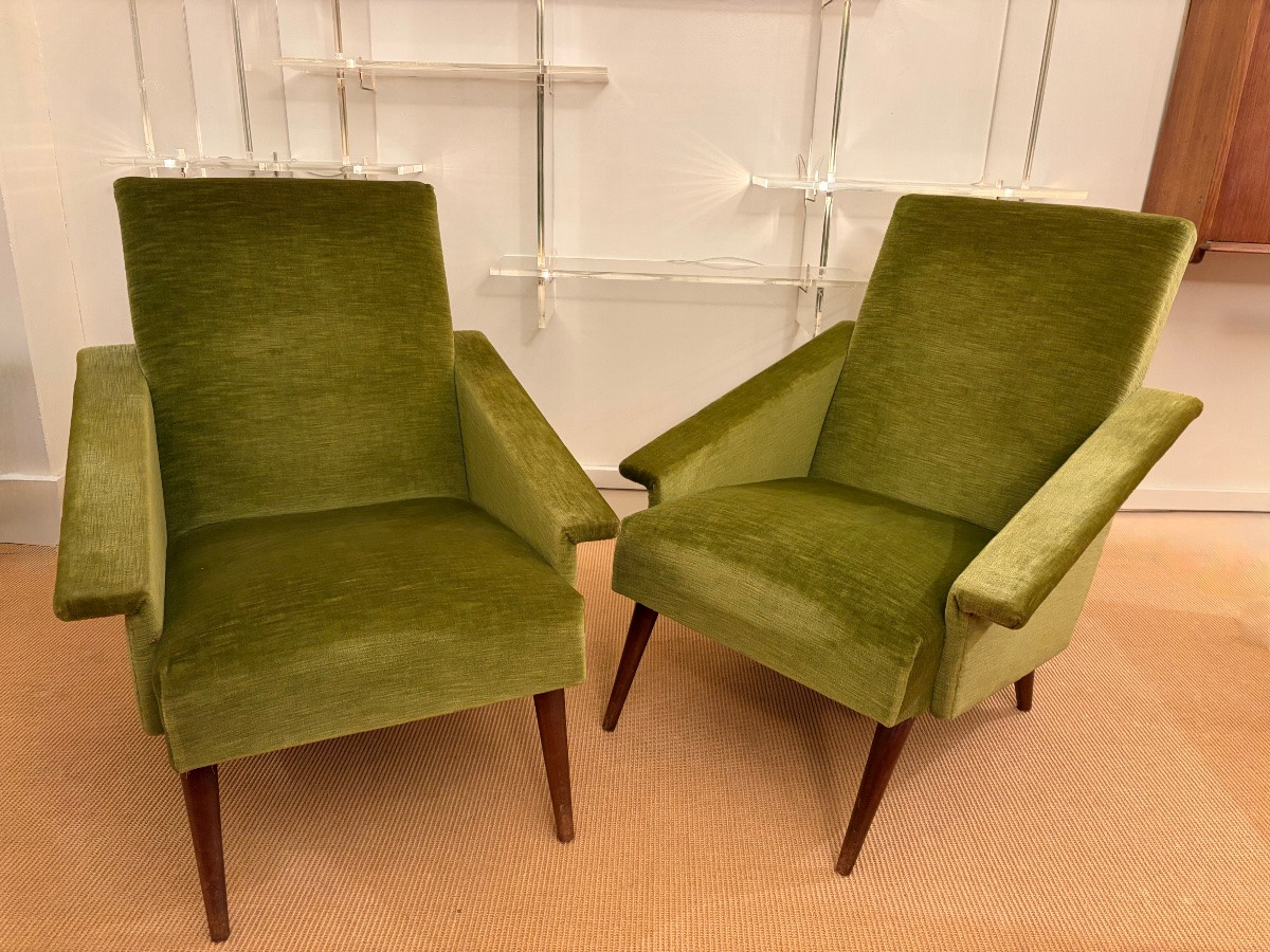 Pair Of Silk Velvet Armchairs, France, 1950s.-photo-2