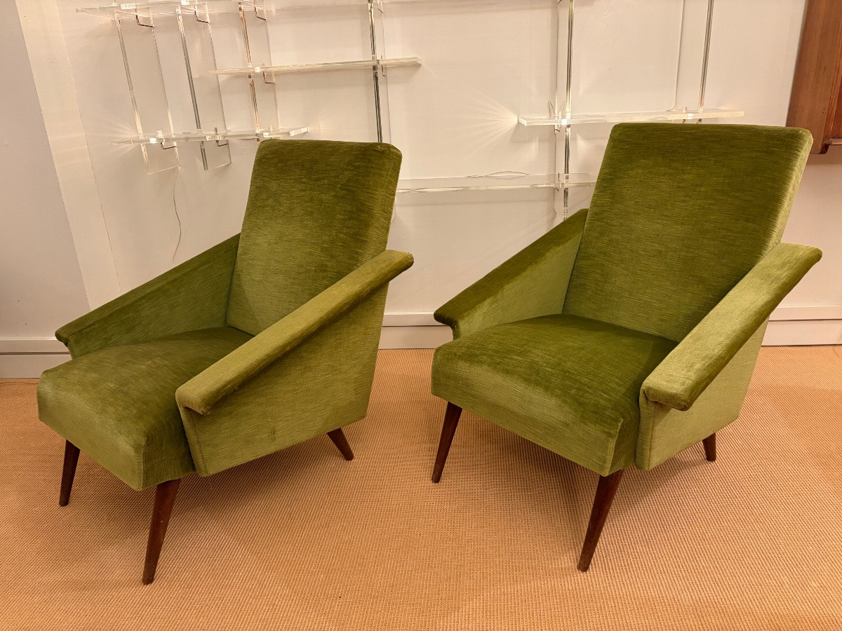 Pair Of Silk Velvet Armchairs, France, 1950s.-photo-3