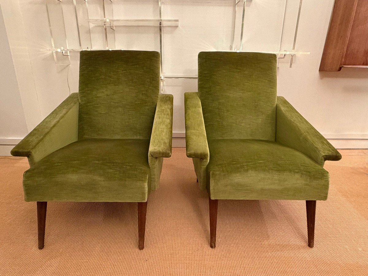 Pair Of Silk Velvet Armchairs, France, 1950s.-photo-4