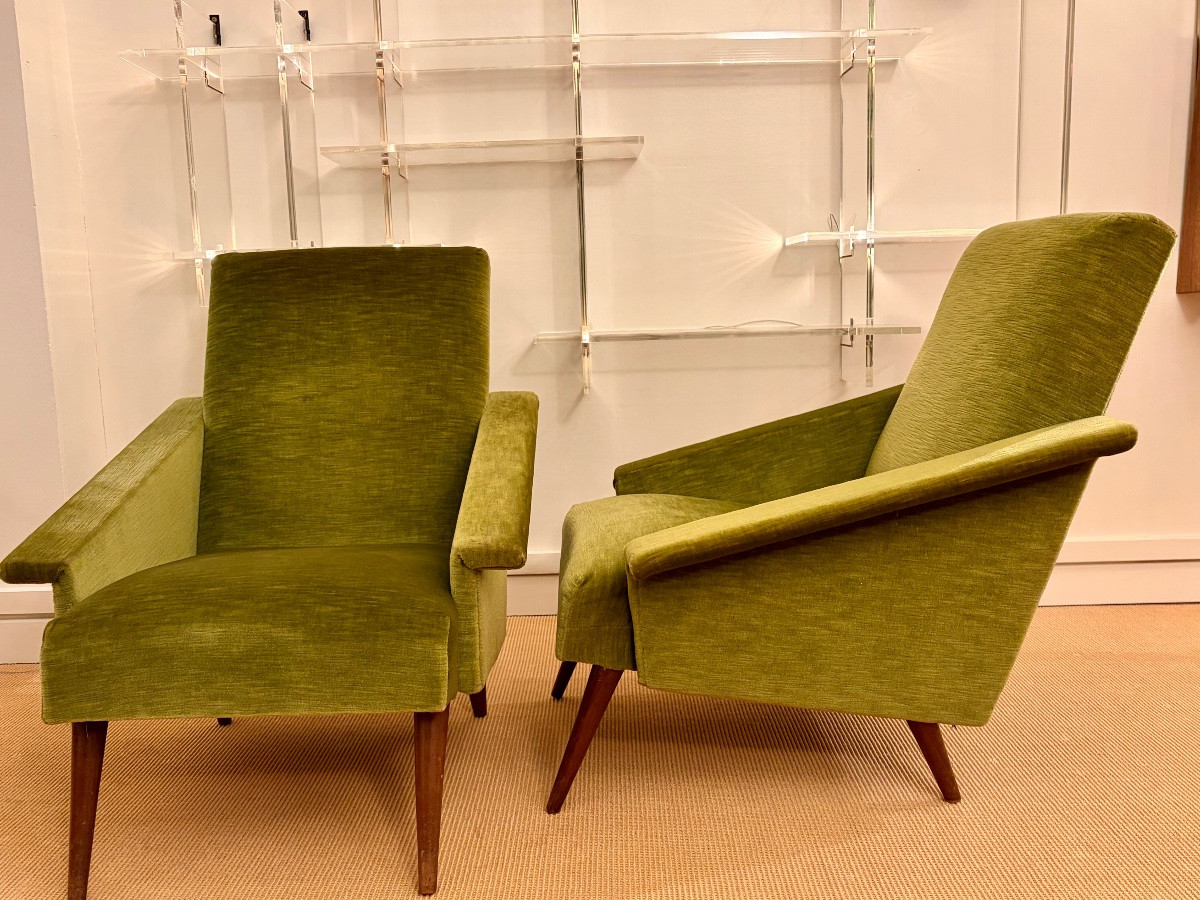Pair Of Silk Velvet Armchairs, France, 1950s.-photo-7
