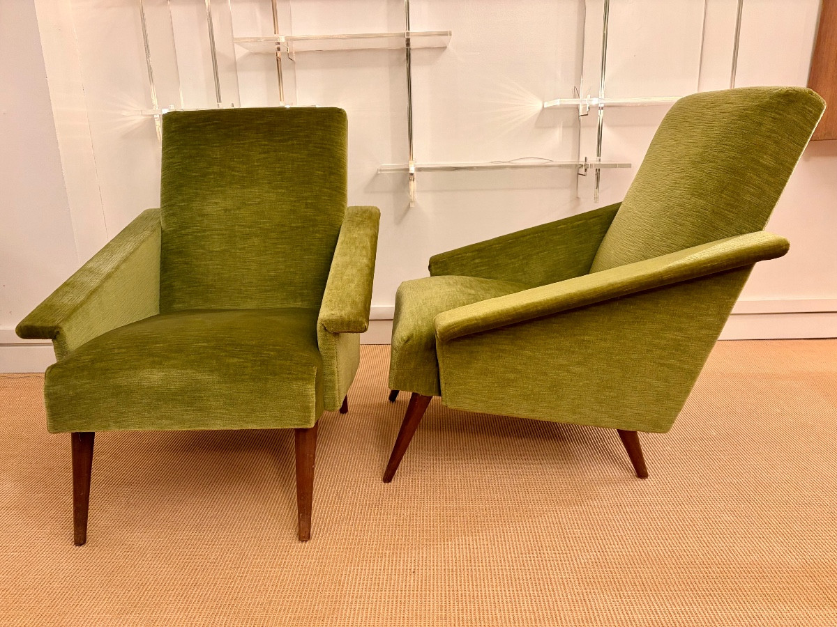 Pair Of Silk Velvet Armchairs, France, 1950s.