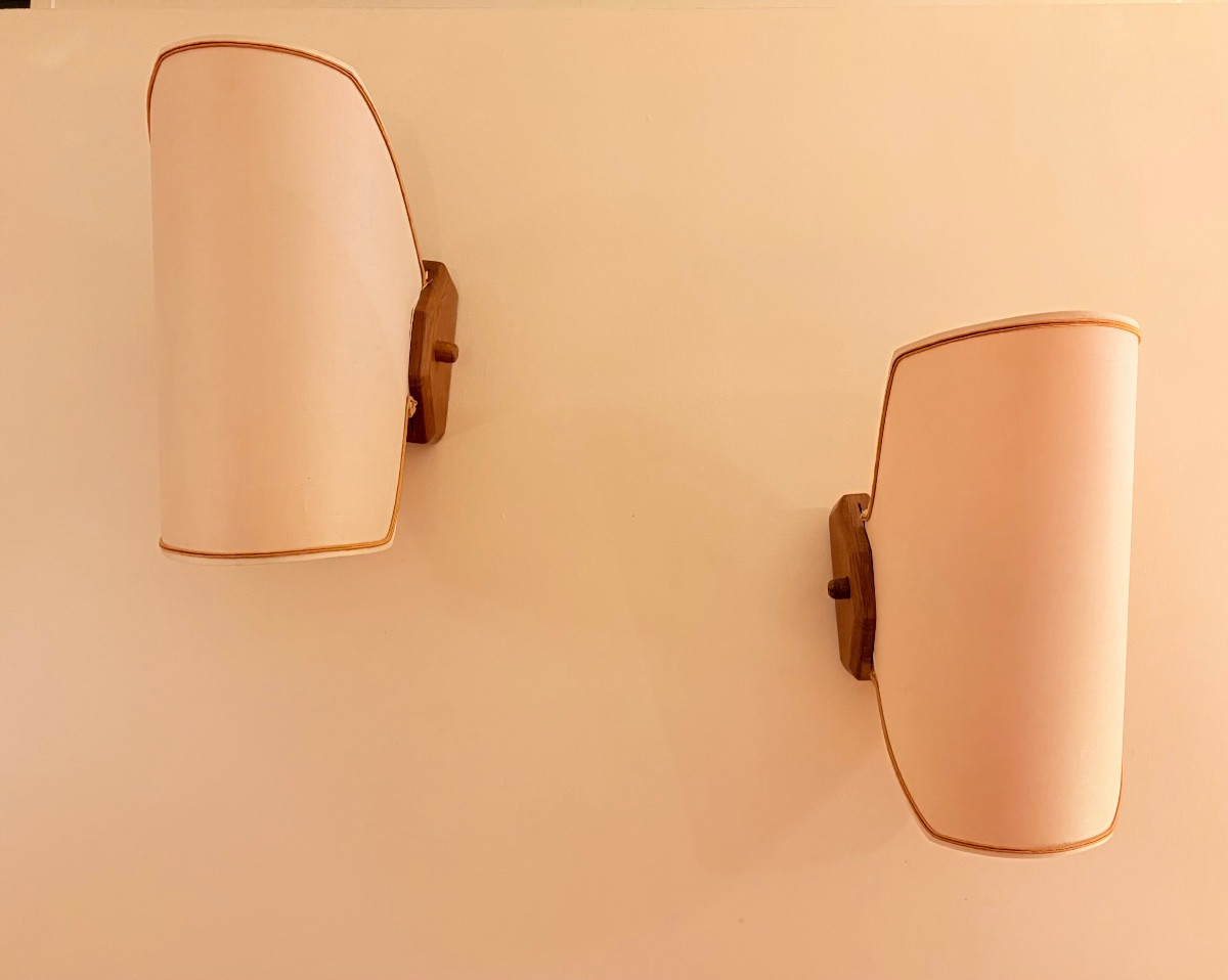 Pair Of Oak Wall Lights By Guillerme And Chambron For "votre Maison" Circa 1950.-photo-2
