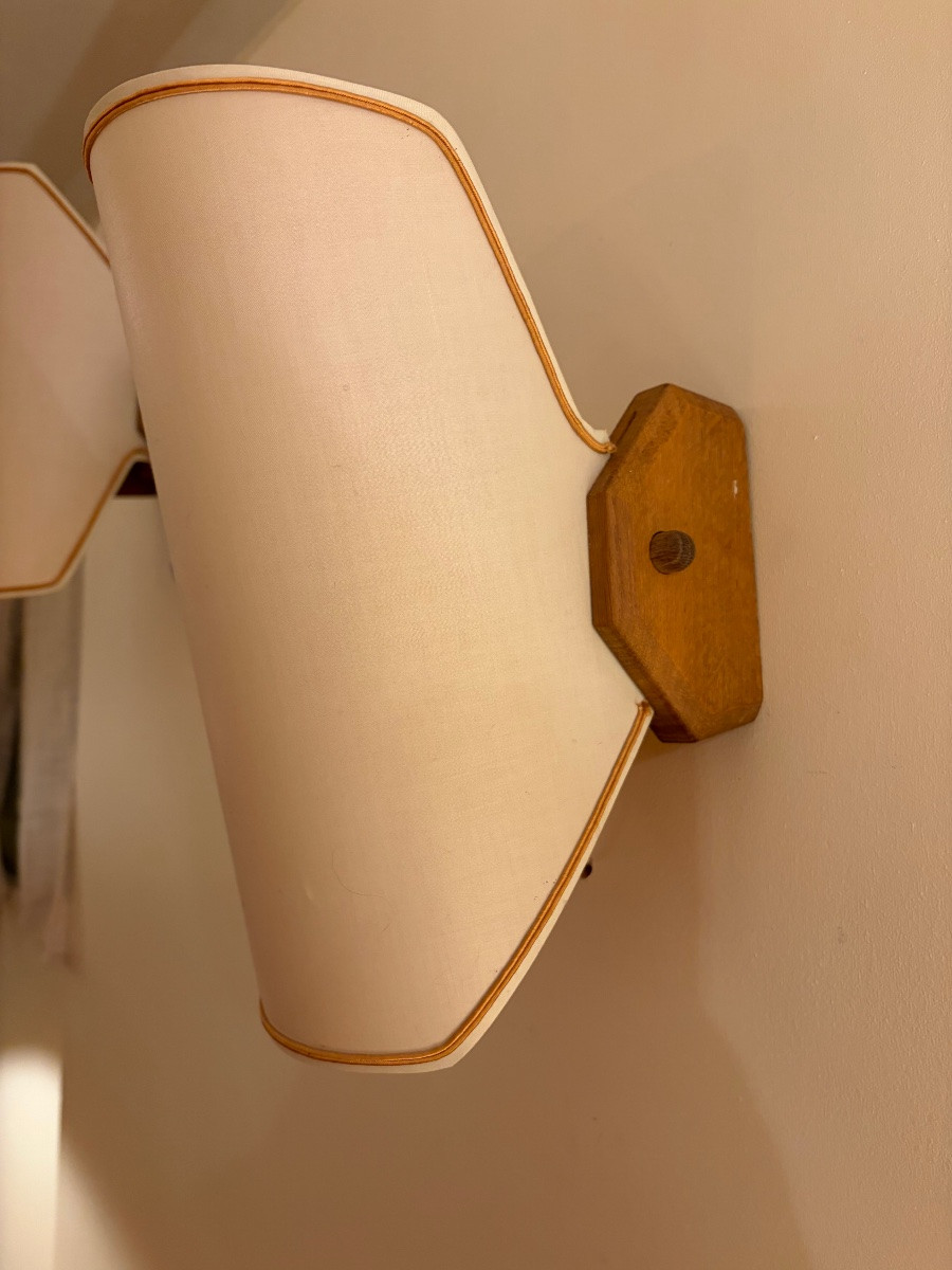Pair Of Oak Wall Lights By Guillerme And Chambron For "votre Maison" Circa 1950.-photo-4