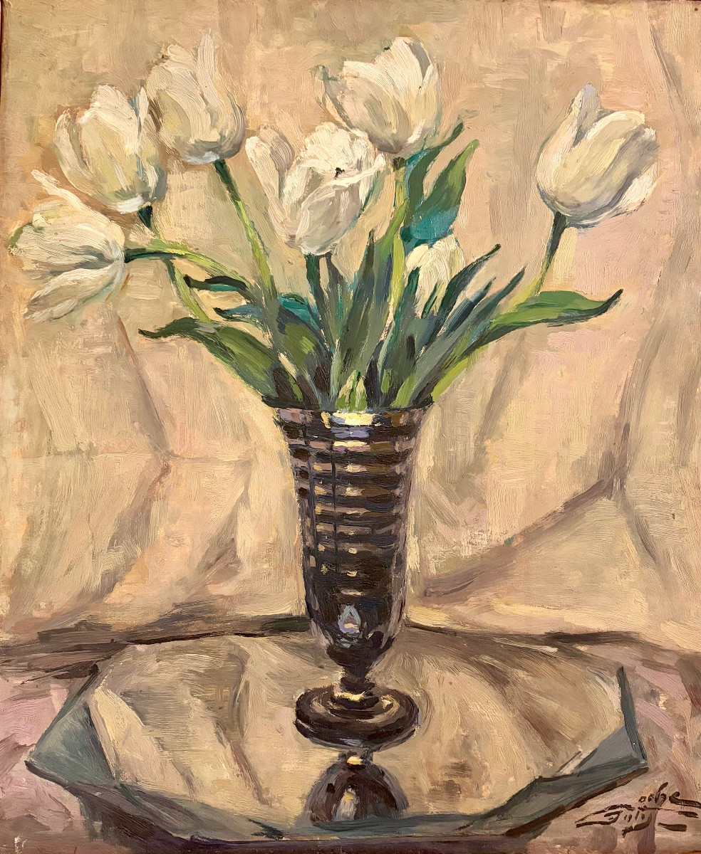 Tableau - huile sur toile - Bouquet de tulipes - Ecole du xxème-photo-2