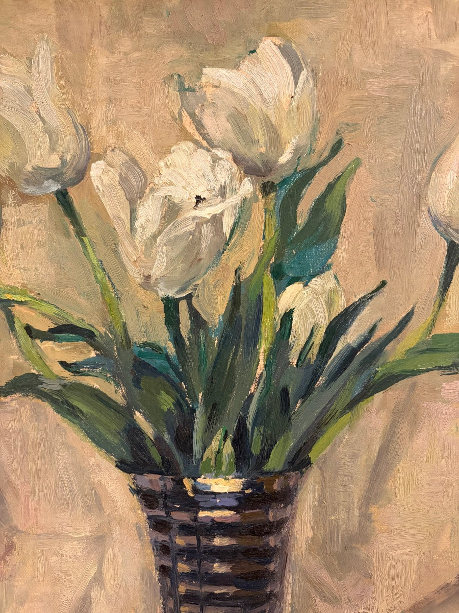 Tableau - huile sur toile - Bouquet de tulipes - Ecole du xxème-photo-3