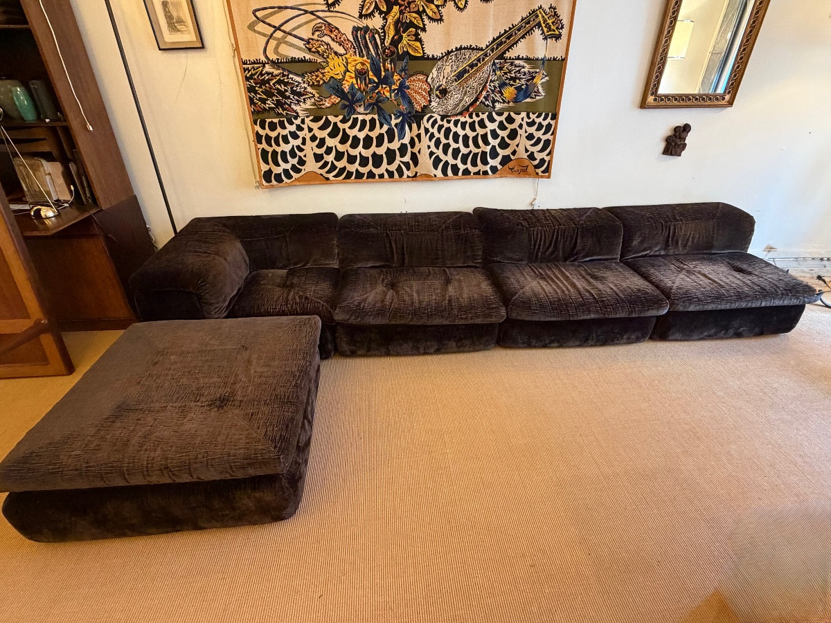 Modular Sofas In Chocolate Velvet For Airborne, Circa 1970.-photo-2