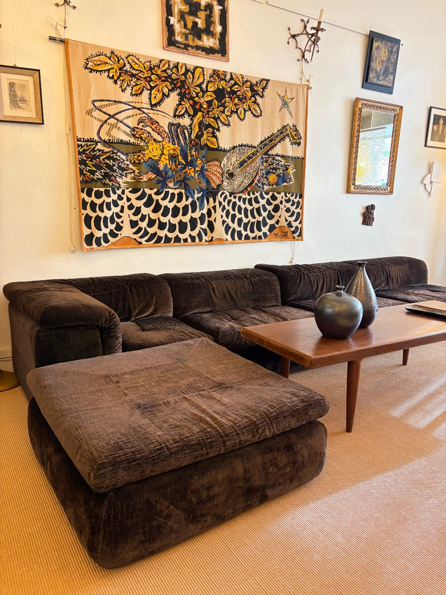 Modular Sofas In Chocolate Velvet For Airborne, Circa 1970.-photo-4