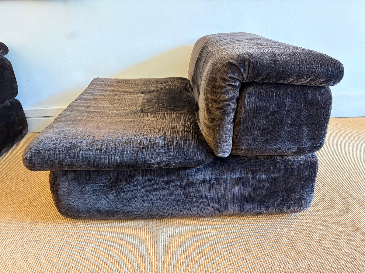 Modular Sofas In Chocolate Velvet For Airborne, Circa 1970.-photo-4