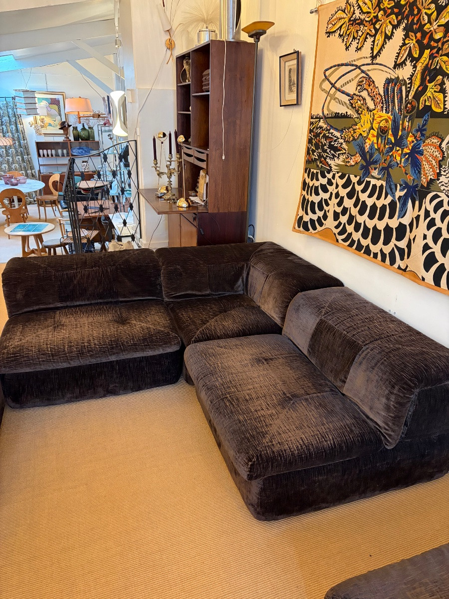Modular Sofas In Chocolate Velvet For Airborne, Circa 1970.-photo-7