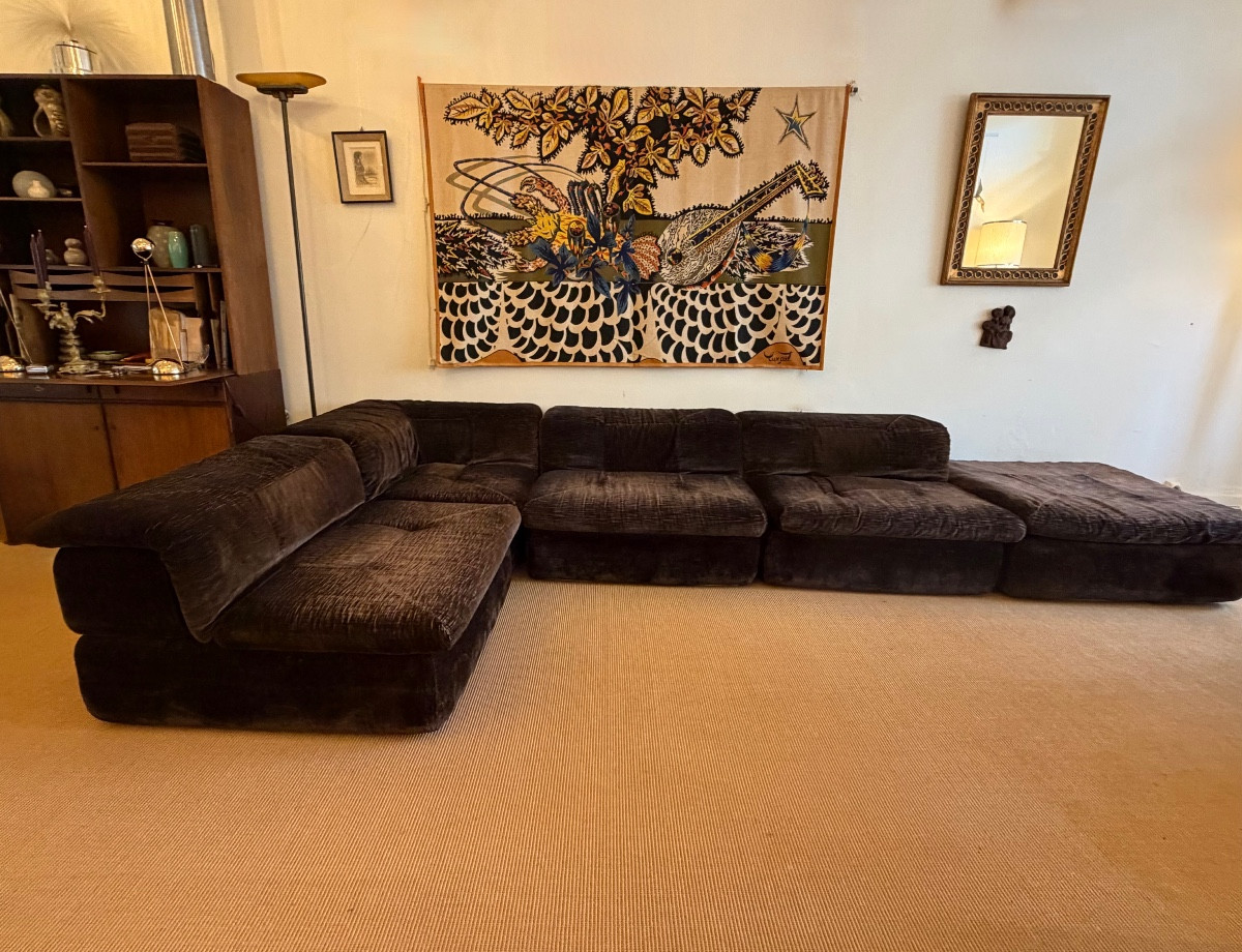 Modular Sofas In Chocolate Velvet For Airborne, Circa 1970.