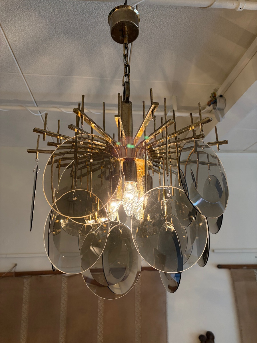 Brass And Glass Chandelier By Gaetano Sciolari, Italy, Circa 1970.-photo-4
