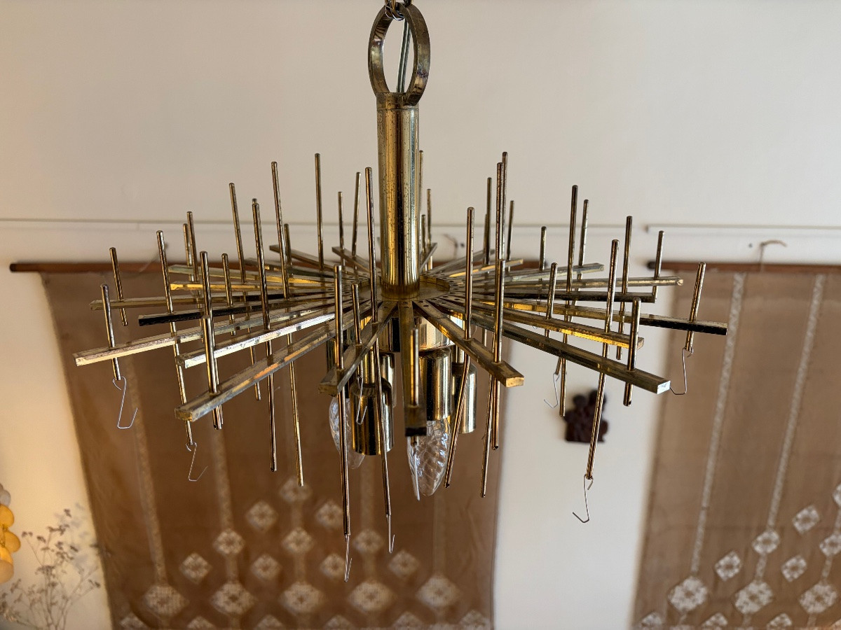 Brass And Glass Chandelier By Gaetano Sciolari, Italy, Circa 1970.-photo-1