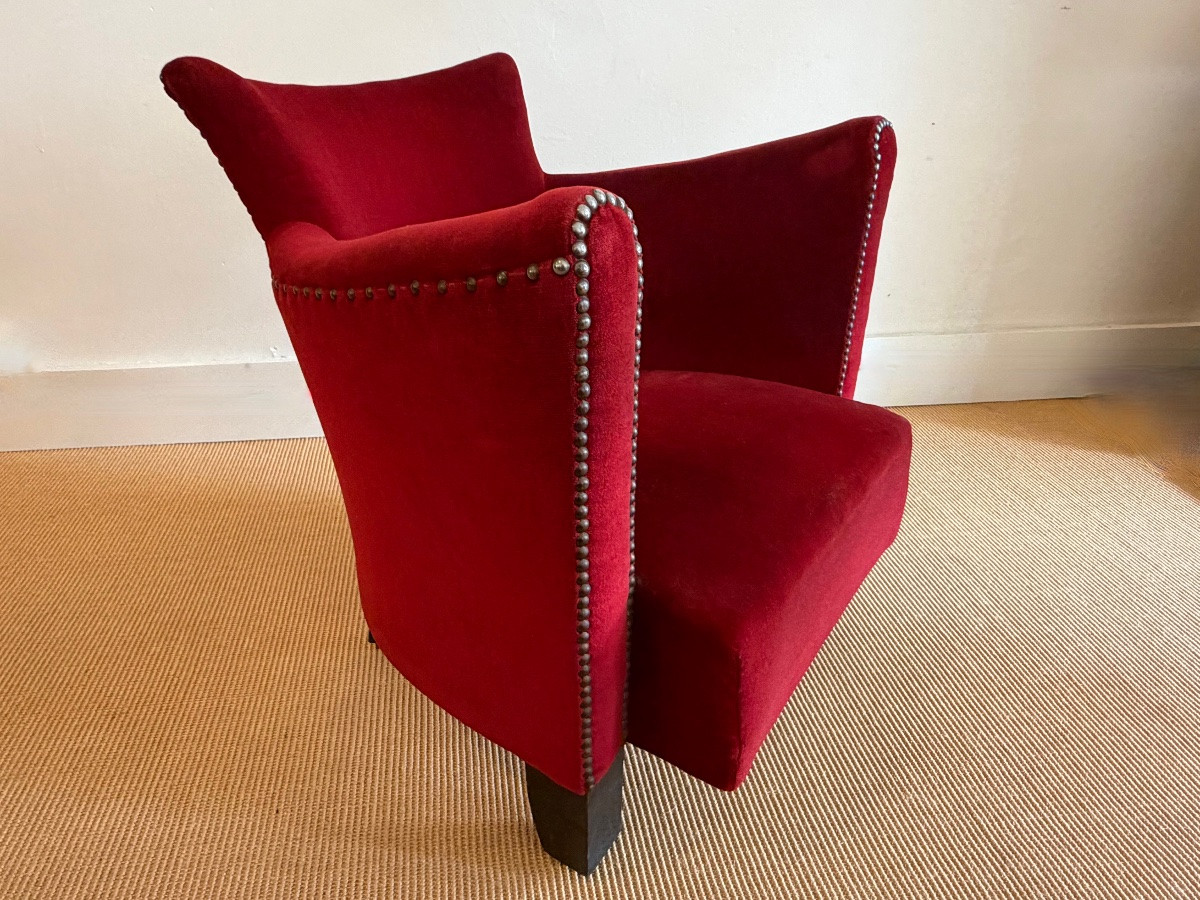 Fauteuil art déco en velours rouge.-photo-5