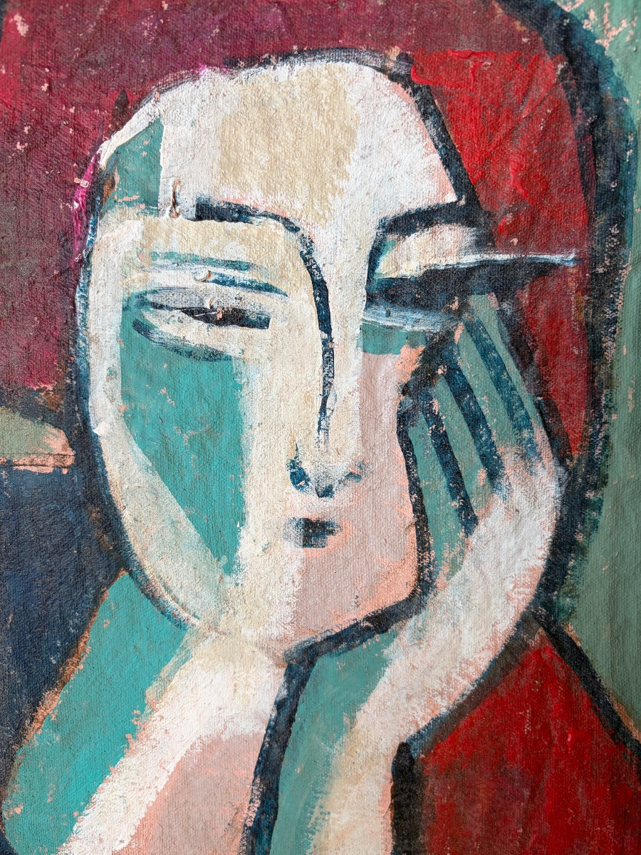 HUILE SUR TOILE, PORTRAIT DE FEMME.-photo-3