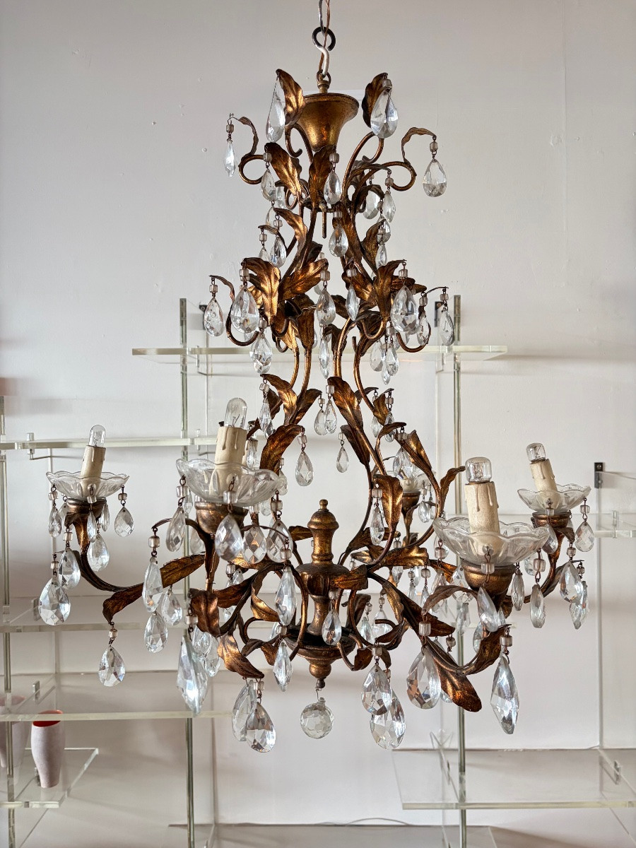 Chandelier With Pendants And Gilded Metal, Circa 1950.-photo-2