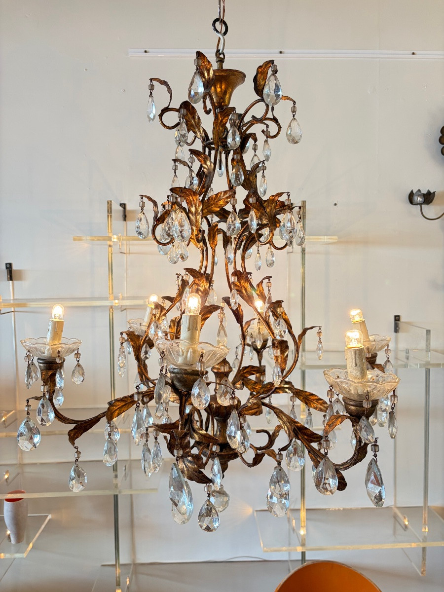 Chandelier With Pendants And Gilded Metal, Circa 1950.-photo-3