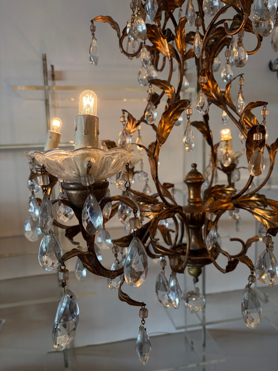 Chandelier With Pendants And Gilded Metal, Circa 1950.-photo-4