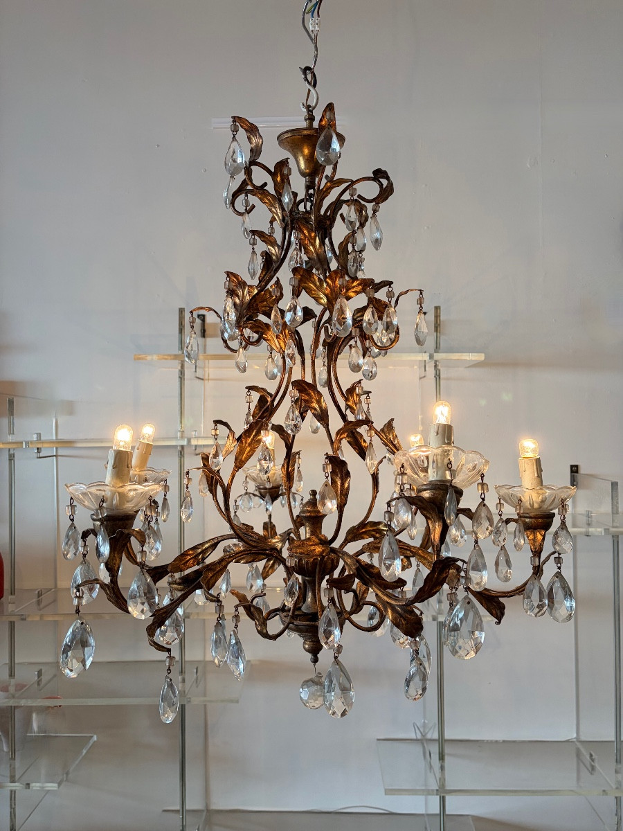 Chandelier With Pendants And Gilded Metal, Circa 1950.
