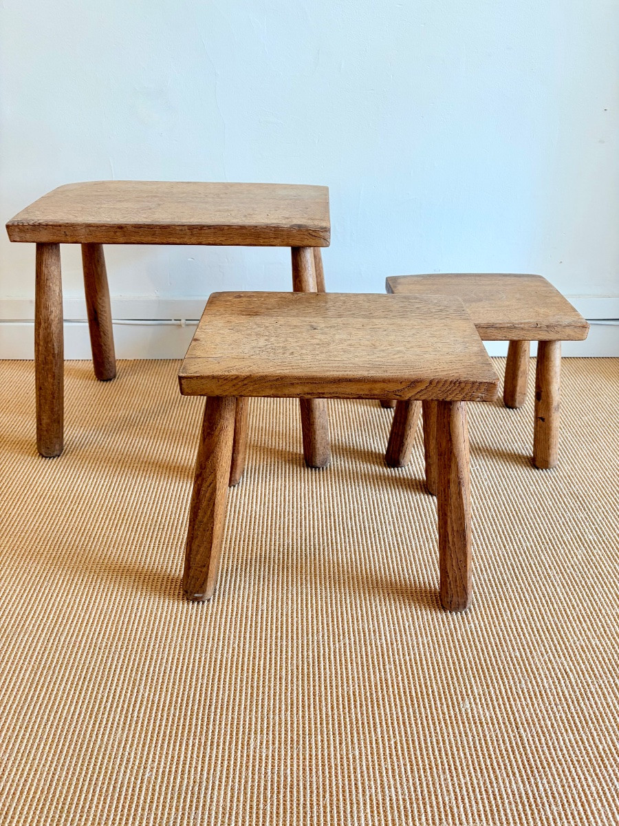 Suite Of 3 Brutalist Nesting Tables In Solid Oak, Circa 1950.-photo-2
