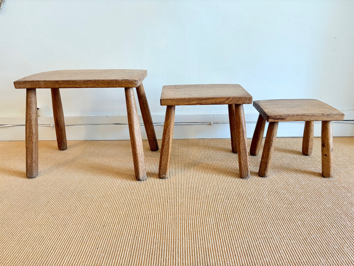 Suite Of 3 Brutalist Nesting Tables In Solid Oak, Circa 1950.-photo-4