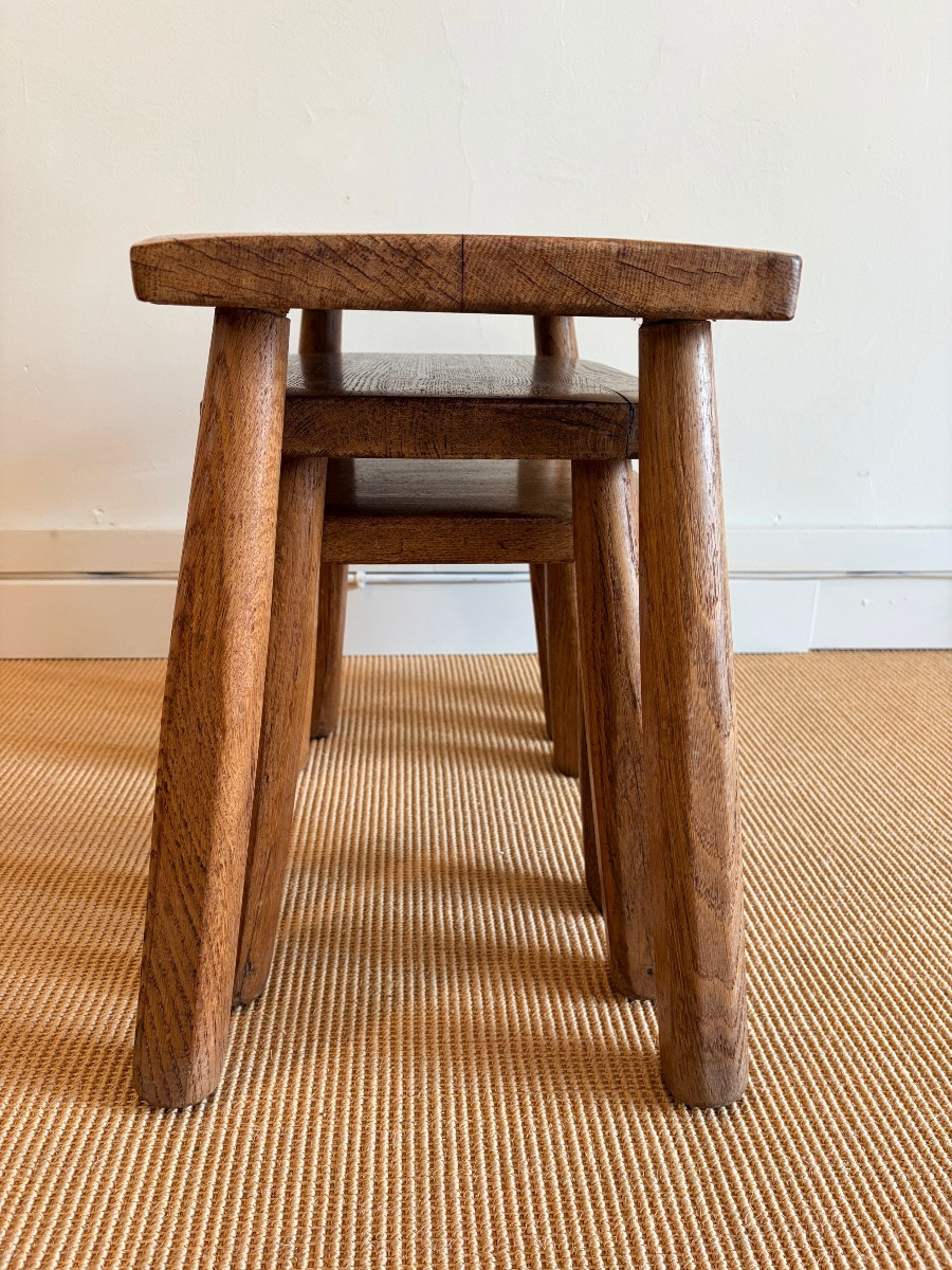 Suite Of 3 Brutalist Nesting Tables In Solid Oak, Circa 1950.-photo-4