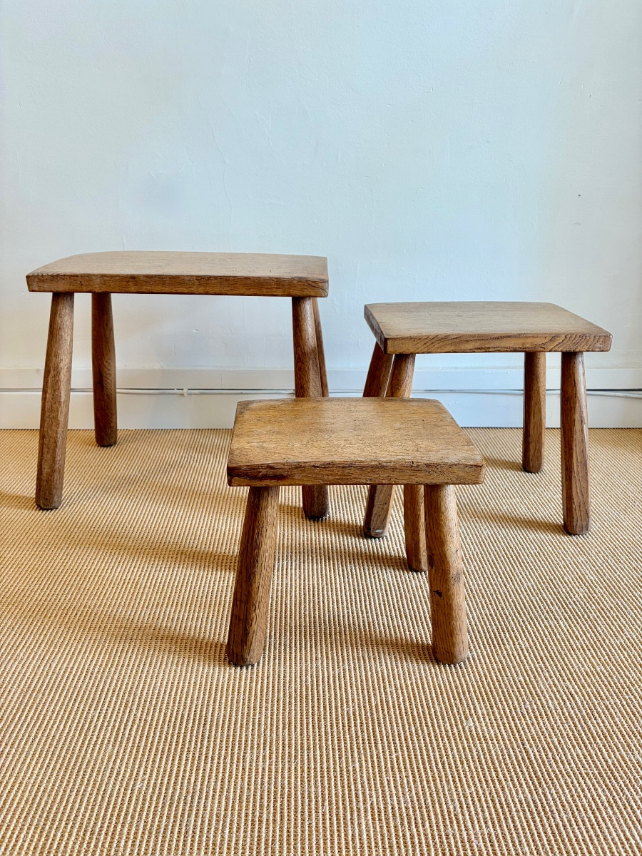 Suite Of 3 Brutalist Nesting Tables In Solid Oak, Circa 1950.