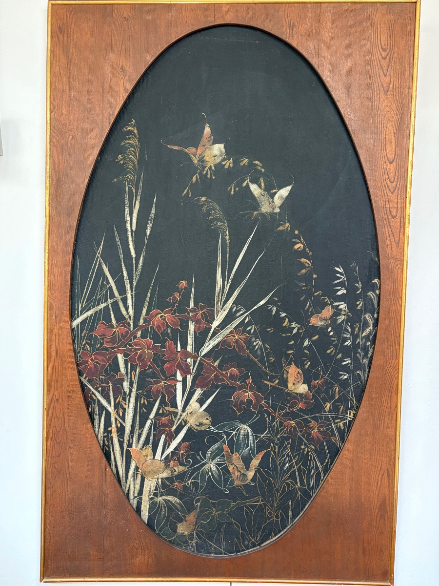Large Art Nouveau-style Floral Panel, Oil On Canvas.-photo-3