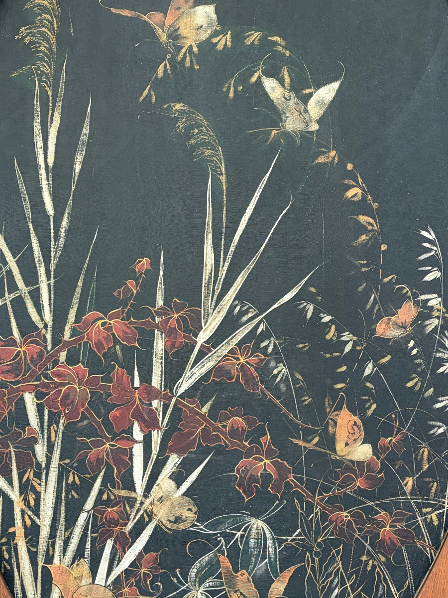 Large Art Nouveau-style Floral Panel, Oil On Canvas.-photo-1