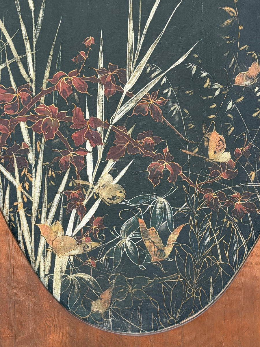 Large Art Nouveau-style Floral Panel, Oil On Canvas.-photo-2