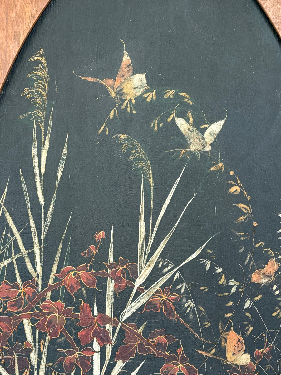 Large Art Nouveau-style Floral Panel, Oil On Canvas.-photo-3