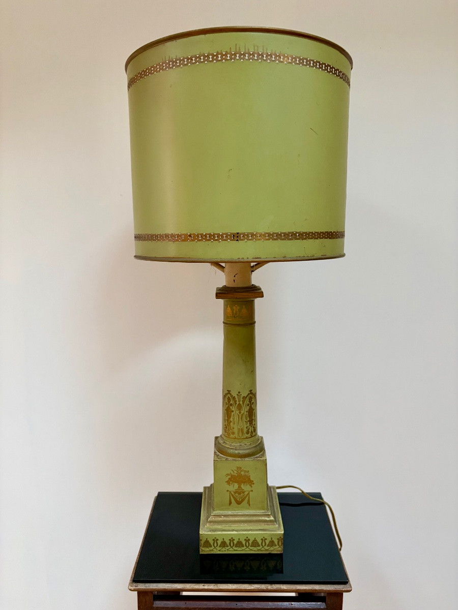 Lampe Carcel en tôle verte et dorée, Fin XIXème-photo-2