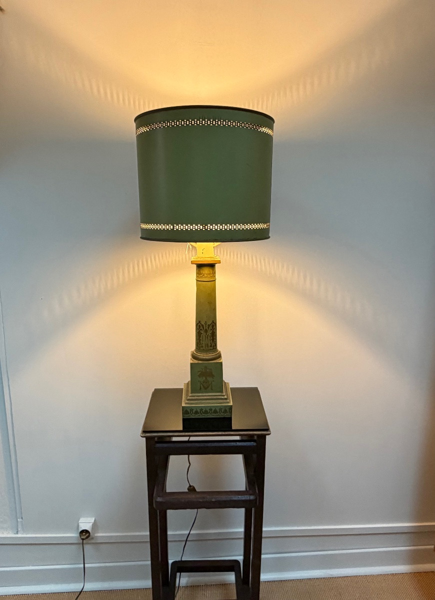 Lampe Carcel en tôle verte et dorée, Fin XIXème-photo-3
