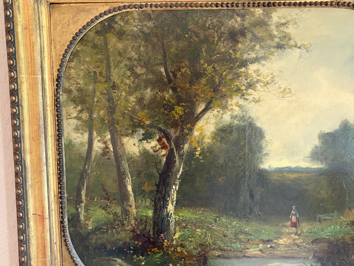 Paul Louis Morizet (1850-?) , Paysage de rivière animé, Ecole de Barbizon XIX° siècle.-photo-2