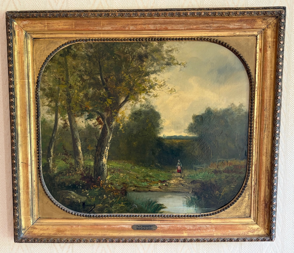 Paul Louis Morizet (1850-?) , Paysage de rivière animé, Ecole de Barbizon XIX° siècle.