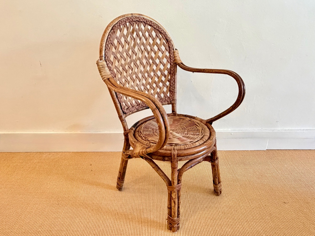 Suite de 4 chaises avec accoudoirs en rotin années 60.-photo-2