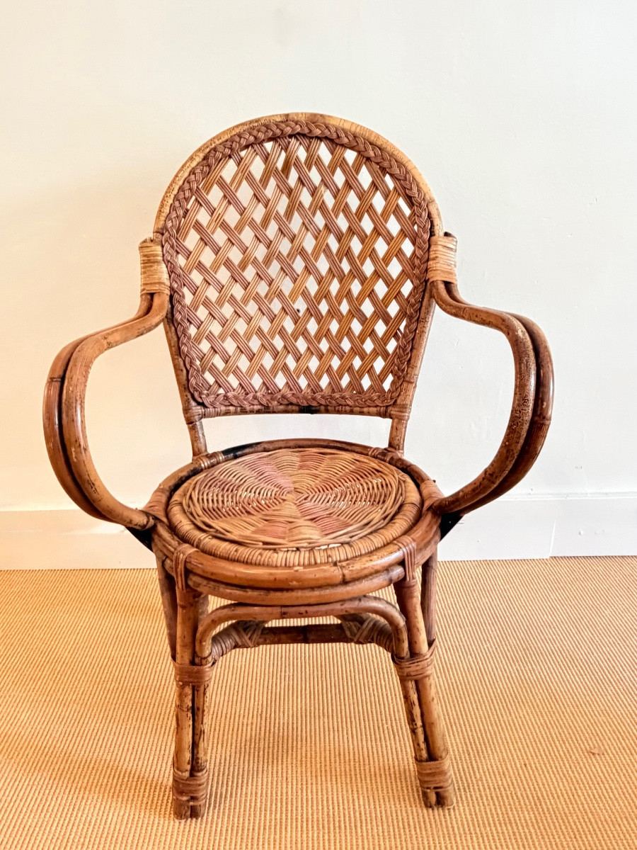 Suite de 4 chaises avec accoudoirs en rotin années 60.-photo-3