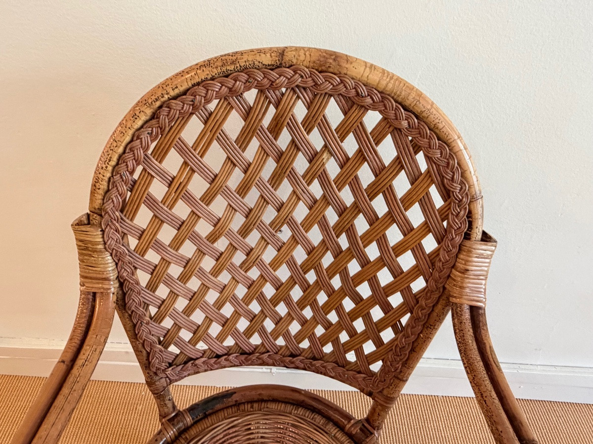 Suite de 4 chaises avec accoudoirs en rotin années 60.-photo-1
