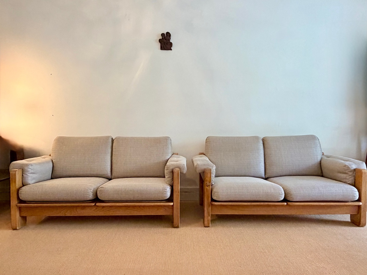 Pair Of Solid Elm Sofas, Maison Regain.