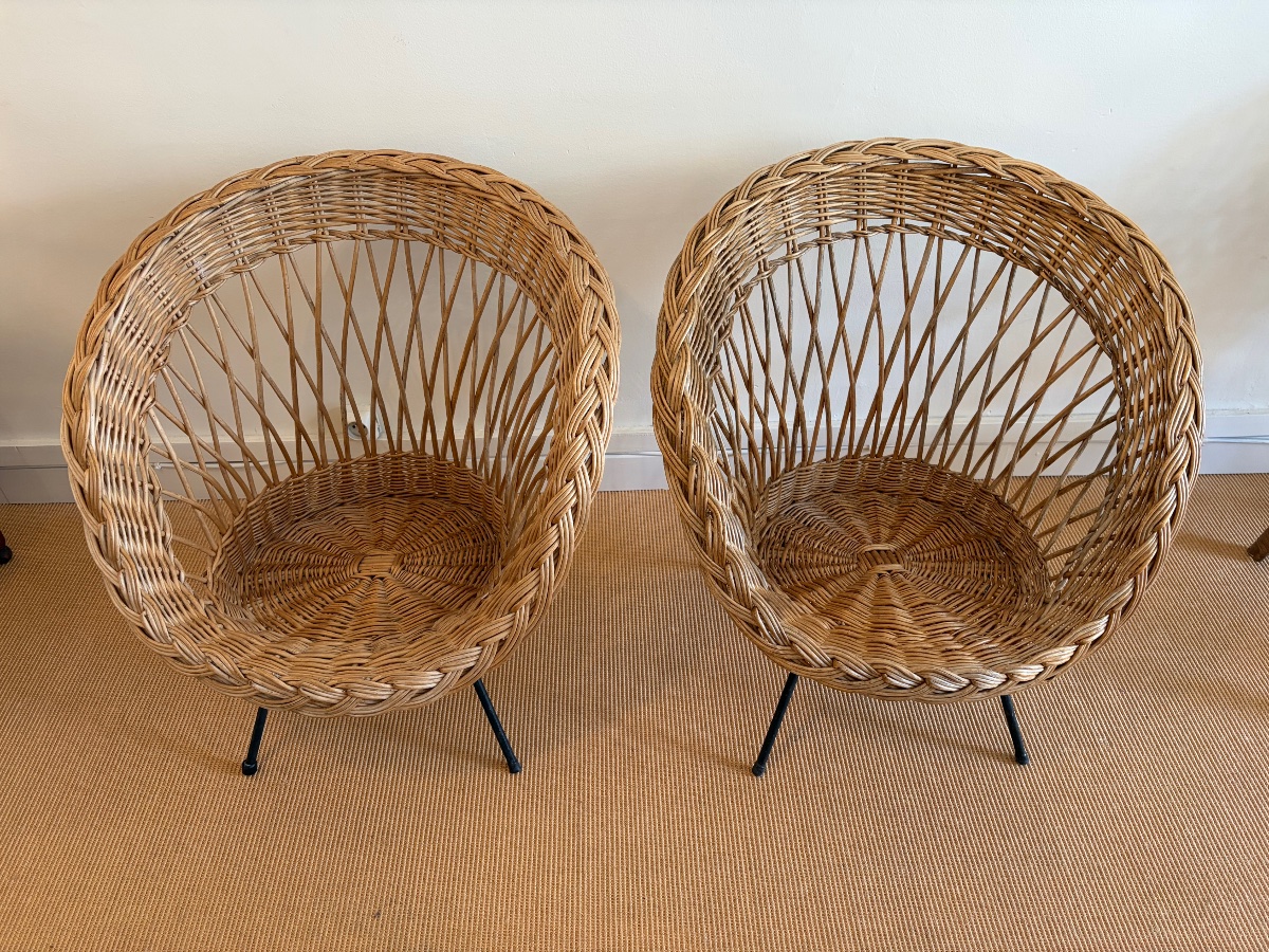 Pair Of Rattan Armchairs And Table, Circa 1970.-photo-4