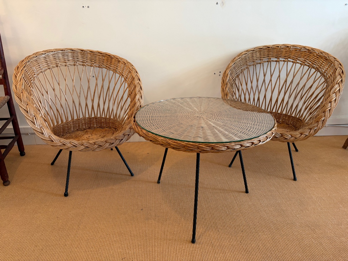 Pair Of Rattan Armchairs And Table, Circa 1970.-photo-5