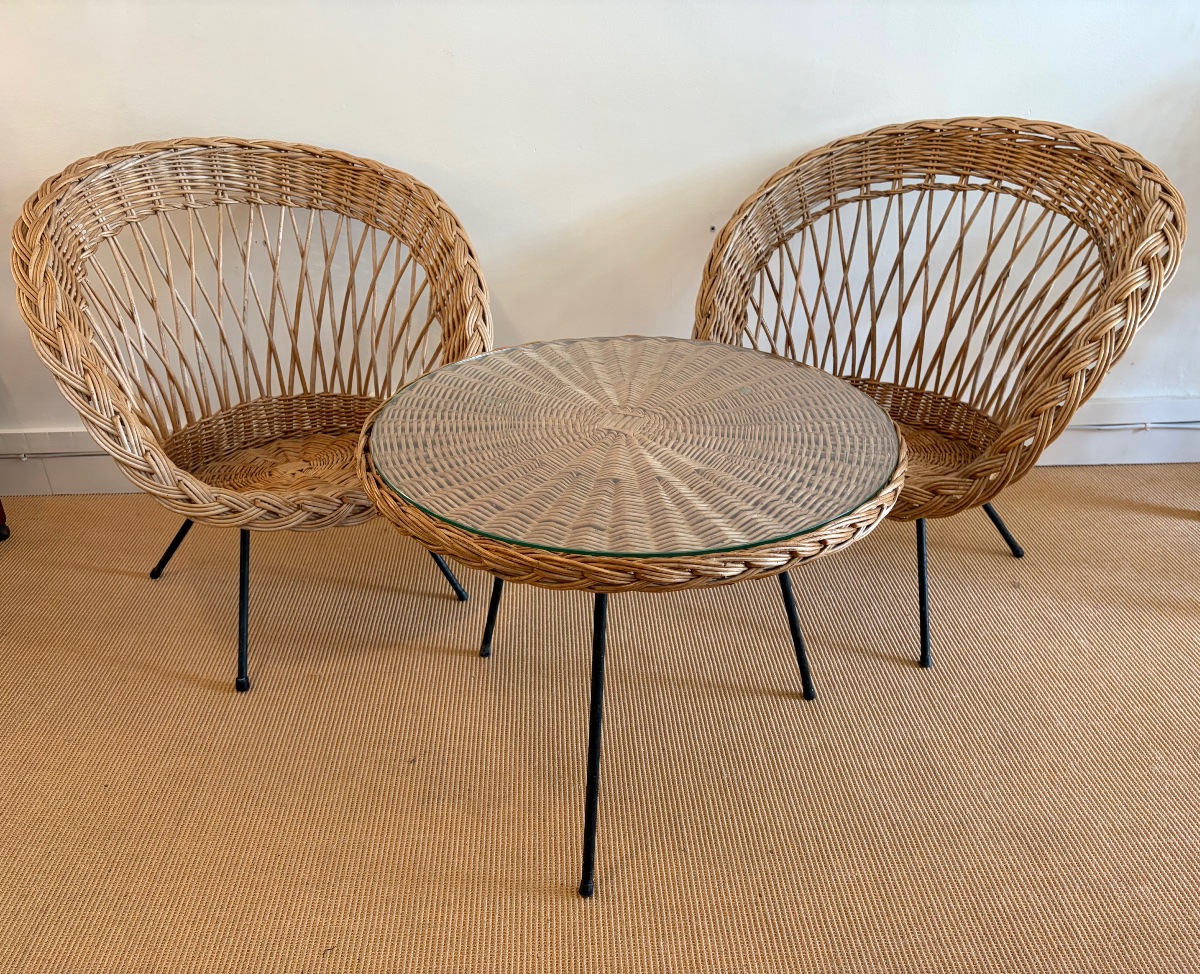 Pair Of Rattan Armchairs And Table, Circa 1970.